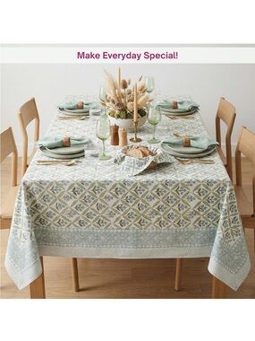NEW ATOSII 100% Cotton Blockprint Rectangle Table Cloth, Netta Green